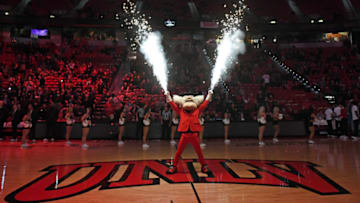 LAS VEGAS, NEVADA - JANUARY 22: Pyrotechnics shoot from the hands of UNLV Rebels mascot Hey Reb before the team's game against the New Mexico Lobos at the Thomas & Mack Center on January 22, 2019 in Las Vegas, Nevada. The Rebels defeated the Lobos 74-58. (Photo by Ethan Miller/Getty Images)