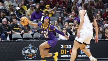 Mar 31, 2023; Dallas, TX, USA; LSU Lady Tigers guard Alexis Morris (45) controls the ball against the Virginia Tech Hokies in the first half in semifinals of the women's Final Four of the 2023 NCAA Tournament at American Airlines Center. Mandatory Credit: Kevin Jairaj-USA TODAY Sports