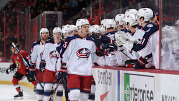 OTTAWA, ON - APRIL 6: Markus Nutivaara #65 high fives the bench after scoring a first period against the Ottawa Senators the Columbus Blue Jackets at Canadian Tire Centre on April 6, 2019 in Ottawa, Ontario, Canada. (Photo by Andrea Cardin/NHLI via Getty Images)