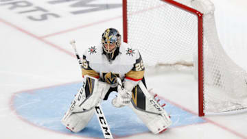 SAN JOSE, CA - APRIL 23: Goalie Marc-Andre Fleury #29 of the Vegas Golden Knights stands in goal against the San Jose Sharks in Game Seven of the Western Conference First Round during the 2019 NHL Stanley Cup Playoffs at SAP Center on April 23, 2019 in San Jose, California. (Photo by Lachlan Cunningham/Getty Images)