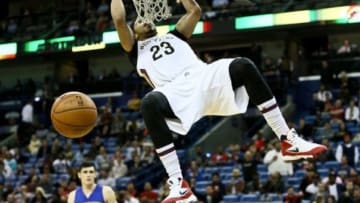 Jan 21, 2016; New Orleans, LA, USA; New Orleans Pelicans forward Anthony Davis (23) dunks against the Detroit Pistons during the fourth quarter of a game at the Smoothie King Center. The Pelicans defeated the Pistons 115-99. Mandatory Credit: Derick E. Hingle-USA TODAY Sports