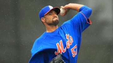 Feb 15, 2013; Port St. Lucie, FL, USA; New York Mets pitcher Johan Santana throws a pitch during spring training at Legends Field. Mandatory Credit: John Munson/THE STAR-LEDGER via USA TODAY Sports