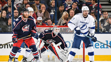 COLUMBUS, OH - NOVEMBER 29: David Savard #58 of the Columbus Blue Jackets and Alex Killorn #17 of the Tampa Bay Lightning skate in front of goaltender Sergei Bobrovsky #72 of the Columbus Blue Jackets on November 29, 2016 at Nationwide Arena in Columbus, Ohio. (Photo by Jamie Sabau/NHLI via Getty Images)