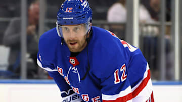 NEW YORK, NEW YORK - SEPTEMBER 26: Patrik Nemeth #12 of the New York Rangers takes part in warm-ups prior to a preseason game against the New York Islanders at Madison Square Garden on September 26, 2021 in New York City. (Photo by Bruce Bennett/Getty Images)