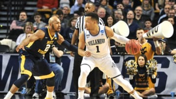 BOSTON, MA - MARCH 23: Villanova Wildcats guard Jalen Brunson (1) makes a run at the basket past West Virginia Mountaineers guard Jevon Carter (2). During the Villanova Wildcats game against the West Virginia Mountaineers at TD Garden on March 23, 2018 in Boston, MA.(Photo by Michael Tureski/Icon Sportswire via Getty Images)