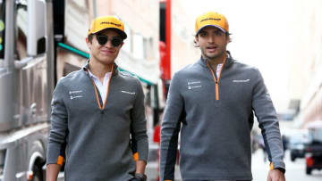 MONTE-CARLO, MONACO - MAY 25: Carlos Sainz of Spain and McLaren F1 and Lando Norris of Great Britain and McLaren F1 walk in the Paddock before final practice for the F1 Grand Prix of Monaco at Circuit de Monaco on May 25, 2019 in Monte-Carlo, Monaco. (Photo by Charles Coates/Getty Images)