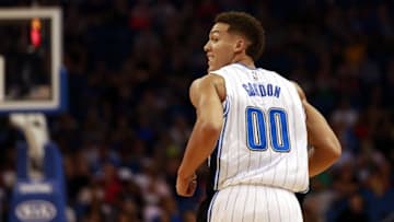 Oct 13, 2015; Orlando, FL, USA; Orlando Magic forward Aaron Gordon (00) looks back and smiles after making a layup against the Miami Heat during the second half at Amway Center. Orlando Magic defeated the Miami Heat 95-92 in overtime. Mandatory Credit: Kim Klement-USA TODAY Sports
