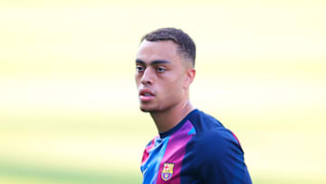 BARCELONA, SPAIN - JULY 21: Sergino Dest of FC Barcelona warms up prior to a friendly match between FC Barcelona and Gimnastic de Tarragona at Johan Cruyff Stadium on July 21, 2021 in Barcelona, Spain. (Photo by Eric Alonso/Getty Images)