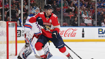 SUNRISE, FL - MARCH 10: Aleksander Barkov #16 of the Florida Panthers gets into position for a tip in attempt in front of Goaltender Henrik Lundqvist #30 of the New York Rangers at the BB&T Center on March 10, 2018 in Sunrise, Florida. The Panthers defeated the Rangers 4-3 in a shootout. (Photo by Joel Auerbach/Getty Images)