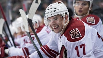 Feb 8, 2014; Dallas, TX, USA; Phoenix Coyotes right wing Radim Vrbata (17) watches his team take on the Dallas Stars during the third period at the American Airlines Center. Vrbata scores a goal in the third. The Stars defeated the Coyotes 2-1. Mandatory Credit: Jerome Miron-USA TODAY Sports