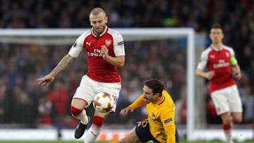 LONDON, ENGLAND - APRIL 26: Sime Vrsaljko of Atletico Madrid tackles Jack Wilshere of Arsenal during the UEFA Europa League Semi Final leg one match between Arsenal FC and Atletico Madrid at Emirates Stadium on April 26, 2018 in London, United Kingdom. (Photo by Richard Heathcote/Getty Images)