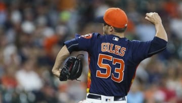 Apr 17, 2016; Houston, TX, USA; Houston Astros relief pitcher Ken Giles (53) throws the ball during the eighth inning against the Detroit Tigers at Minute Maid Park. Mandatory Credit: Troy Taormina-USA TODAY Sports