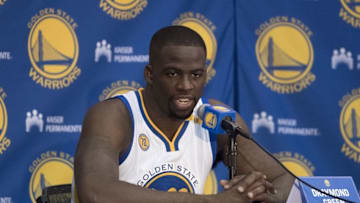 September 26, 2016; Oakland, CA, USA; Golden State Warriors forward Draymond Green (23) addresses the media in a press conference during media day at the Warriors Practice Facility. Mandatory Credit: Kyle Terada-USA TODAY Sports