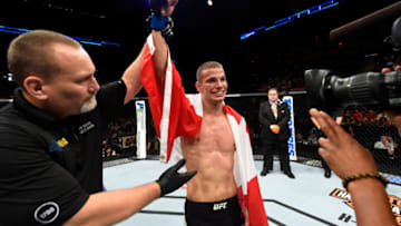 UNIONDALE, NY - JULY 22: Jeremy Kennedy of Canada celebrates after defeating Kyle Bochniak in their featherweight bout during the UFC Fight Night event inside the Nassau Veterans Memorial Coliseum on July 22, 2017 in Uniondale, New York. (Photo by Josh Hedges/Zuffa LLC/Zuffa LLC via Getty Images)