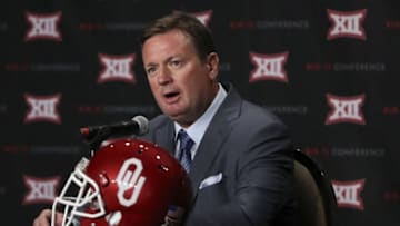 Jul 19, 2016; Dallas, TX, USA; Oklahoma Sooners head coach Bob Stoops speaks to the media during the Big 12 Media Days at Omni Dallas Hotel. Mandatory Credit: Kevin Jairaj-USA TODAY Sports