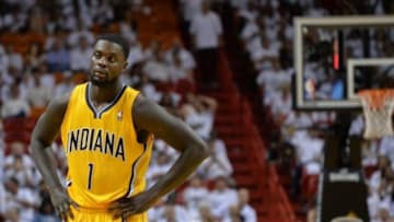 May 30, 2014; Miami, FL, USA; Indiana Pacers guard Lance Stephenson (1) looks on in game six of the Eastern Conference Finals against the Miami Heat of the 2014 NBA Playoffs at American Airlines Arena. Mandatory Credit: Steve Mitchell-USA TODAY Sports