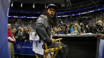 Jan 28, 2014; Newark, NJ, USA; Seattle Seahawks cornerback Richard Sherman (25) speaks to the media during Media Day for Super Bowl XLVIII at Prudential Center. Mandatory Credit: Adam Hunger-USA TODAY Sports