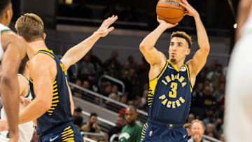 Oct 25, 2021; Indianapolis, Indiana, USA; Indiana Pacers guard Chris Duarte (3) shoots the ball in the second half against the Milwaukee Bucks at Gainbridge Fieldhouse. Mandatory Credit: Trevor Ruszkowski-USA TODAY Sports