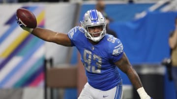 DETROIT, MI - OCTOBER 07: Da'Shawn Hand #93 of the Detroit Lions holds up the football after a fumble recovery against the Green Bay Packers during the first half at Ford Field on October 7, 2018 in Detroit, Michigan. (Photo by Gregory Shamus/Getty Images)
