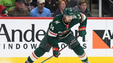 MINNEAPOLIS, MN - FEBRUARY 25: Minnesota Wild Defenceman Matt Dumba (24) with the puck during a NHL game between the Minnesota Wild and San Jose Sharks on February 25, 2018 at Xcel Energy Center in St. Paul, MN. The Wild defeated the Sharks 3-2 in overtime.(Photo by Nick Wosika/Icon Sportswire via Getty Images)