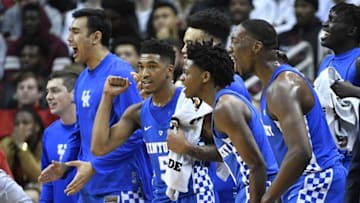 Dec 21, 2016; Louisville, KY, USA; Kentucky Wildcats players react from the bench during the first half against the Louisville Cardinals at KFC Yum! Center. Mandatory Credit: Jamie Rhodes-USA TODAY Sports