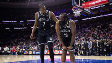 Kevin Durant and James Harden of the Brooklyn Nets. Mandatory Credit: Bill Streicher-USA TODAY Sports