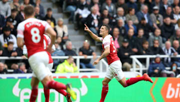 NEWCASTLE UPON TYNE, ENGLAND - SEPTEMBER 15: Granit Xhaka of Arsenal celebrates after scoring his team's first goal during the Premier League match between Newcastle United and Arsenal FC at St. James Park on September 15, 2018 in Newcastle upon Tyne, United Kingdom. (Photo by Alex Livesey/Getty Images)