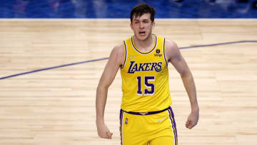 DALLAS, TEXAS - DECEMBER 15: Austin Reaves #15 of the Los Angeles Lakers reacts after shooting the game-winning shot against Tim Hardaway Jr. #11 of the Dallas Mavericks in overtime at American Airlines Center on December 15, 2021 in Dallas, Texas. (Photo by Tom Pennington/Getty Images)