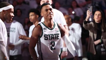 EAST LANSING, MI - MARCH 04: Tyson Walker #2 of the Michigan State Spartans during players introductions before a game against the Ohio State Buckeyes at Breslin Center on March 4, 2023 in East Lansing, Michigan. (Photo by Rey Del Rio/Getty Images)