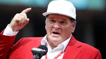 CINCINNATI, OH - JUNE 17: Former Cincinnati Reds great Pete Rose addresses fans following a dedication ceremony for his bronze statue outside Great American Ball Park prior to a game against the Los Angeles Dodgers on June 17, 2017 in Cincinnati, Ohio. The Dodgers defeated the Reds 10-2. (Photo by Joe Robbins/Getty Images)