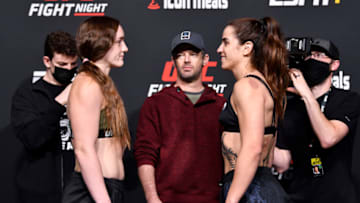 LAS VEGAS, NEVADA - OCTOBER 15: (L-R) Opponents Aspen Ladd and Norma Dumont of Brazil face off during the UFC Fight Night weigh-in at UFC APEX on October 15, 2021 in Las Vegas, Nevada. (Photo by Chris Unger/Zuffa LLC)