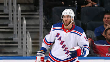 ELMONT, NEW YORK - OCTOBER 08: Jarred Tinordi #5 of the New York Rangers skates against the New York Islanders at the UBS Arena on October 08, 2022 in Elmont, New York. (Photo by Bruce Bennett/Getty Images)