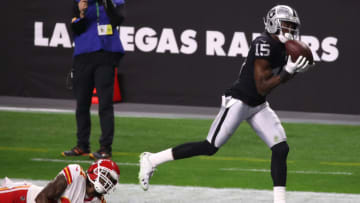 LAS VEGAS, NEVADA - NOVEMBER 22: Wide receiver Nelson Agholor #15 of the Las Vegas Raiders scores a touchdown on a pass reception past the defense of cornerback Bashaud Breeland #21 of the Kansas City Chiefs during the first half of an NFL game at Allegiant Stadium on November 22, 2020 in Las Vegas, Nevada. (Photo by Ethan Miller/Getty Images)