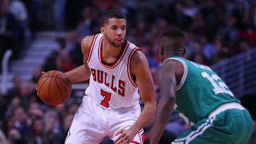 Oct 27, 2016; Chicago, IL, USA; Chicago Bulls guard Michael Carter-Williams (7) defended by Boston Celtics guard Terry Rozier (12) during the second half at the United Center. Chicago won 105-99. Mandatory Credit: Dennis Wierzbicki-USA TODAY Sports