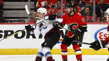 CALGARY, AB - NOVEMBER 1: Elias Lindholm #28 of the Calgary Flames skates against the Colorado Avalanche during an NHL game on November 1, 2018 at the Scotiabank Saddledome in Calgary, Alberta, Canada. (Photo by Gerry Thomas/NHLI via Getty Images)