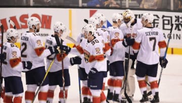 BOSTON, MA - APRIL 8: The Florida Panthers celebrate the win against the Boston Bruins at the TD Garden on April 8, 2018 in Boston, Massachusetts. (Photo by Steve Babineau/NHLI via Getty Images)
