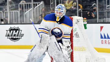 May 1, 2021; Boston, Massachusetts, USA; Buffalo Sabres goaltender Ukko-Pekka Luukkonen (1) handles the puck during the second period against the Boston Bruins at TD Garden. Mandatory Credit: Bob DeChiara-USA TODAY Sports