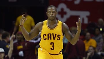 Oct 14, 2014; Cleveland, OH, USA; Cleveland Cavaliers guard Dion Waiters (3) celebrates a three-point basket in the third quarter against the Milwaukee Bucks at Quicken Loans Arena. Mandatory Credit: David Richard-USA TODAY Sports