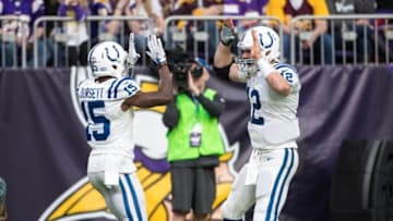 Dec 18, 2016; Minneapolis, MN, USA; Indianapolis Colts wide receiver Phillip Dorsett (15) celebrates his touchdown with quarterback Andrew Luck (12) during the fourth quarter against the Minnesota Vikings at U.S. Bank Stadium. The Colts defeated the Vikings 34-6. Mandatory Credit: Brace Hemmelgarn-USA TODAY Sports