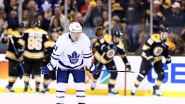Jake Gardiner #51 of the Toronto Maple Leafs reacts after Sean Kuraly #52 of the Boston Bruins scored during the second period of Game Five of the Eastern Conference First Round in the 2018 Stanley Cup play-offs at TD Garden. (Photo by Maddie Meyer/Getty Images)