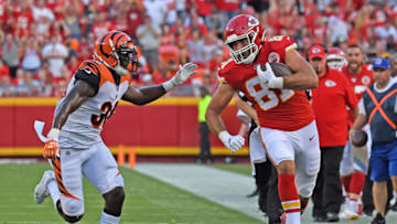 KANSAS CITY, MO - AUGUST 10: Blake Bell #81 of the Kansas City Chiefs runs down field after catching a pass against Davontae Harris #35 of the Cincinnati Bengals in the first quarter during a preseason game at Arrowhead Stadium on August 10, 2019 in Kansas City, Missouri. (Photo by Peter Aiken/Getty Images)