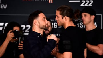 LAS VEGAS, NV - MARCH 01: Opponents Frankie Edgar (L) and Brian Ortega face off during the UFC 222 Ultimate Media Day at MGM Grand Hotel