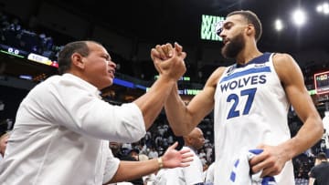 Rudy Gobert, Minnesota Timberwolves Apr 23, 2023; Minneapolis, Minnesota, USA; Minnesota Timberwolves center Rudy Gobert (27) and owner Alex Rodriguez celebrate after the win of game four of the 2023 NBA Playoffs against the Denver Nuggets at Target Center. Mandatory Credit: Matt Krohn-USA TODAY Sports