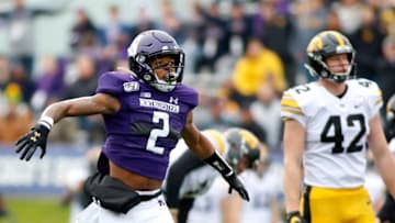 EVANSTON, ILLINOIS - OCTOBER 26: Greg Newsome II #2 of the Northwestern Wildcats reacts after a play in the game against the Iowa Hawkeyes at Ryan Field on October 26, 2019 in Evanston, Illinois. (Photo by Justin Casterline/Getty Images)