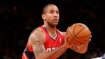 Apr. 17, 2013; New York, NY, USA; Atlanta Hawks small forward Dahntay Jones (30) shoots a free throw against the New York Knicks during the first half at Madison Square Garden. Mandatory Credit: Debby Wong-USA TODAY Sports