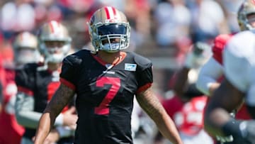 Aug 10, 2016; San Francisco, CA, USA; San Francisco 49ers quarterback Colin Kaepernick (7) warms up during the training camp at Kezar Stadium. Mandatory Credit: John Hefti-USA TODAY Sports