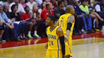 May 11, 2014; Washington, DC, USA;Indiana Pacers forward Paul George (24) celebrates after making a three point shot during the first quarter against the Washington Wizards of game four of the second round of the 2014 NBA Playoffs at Verizon Center. Mandatory Credit: Tommy Gilligan-USA TODAY Sports
