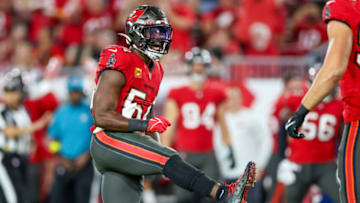 TAMPA, FLORIDA - DECEMBER 5: Lavonte David #54 of the Tampa Bay Buccaneers celebrates a sack against the New Orleans Saints at Raymond James Stadium on December 5, 2022 in Tampa, Florida. (Photo by Mike Carlson/Getty Images)
