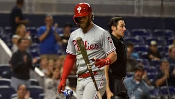 MIAMI, FL - JUNE 28: Bryce Harper #3 of the Philadelphia Phillies flips his bat after striking out in the eighth inning against the Miami Marlins at Marlins Park on June 28, 2019 in Miami, Florida. (Photo by Eric Espada/Getty Images)