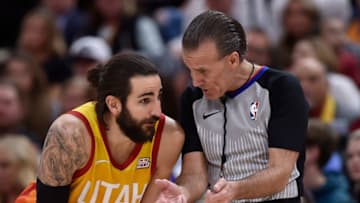 SALT LAKE CITY, UT - FEBRUARY 09: Ricky Rubio #3 of the Utah Jazz talks with referee Ken Mauer #41 in a NBA game against the San Antonio Spurs at Vivint Smart Home Arena on February 09, 2019 in Salt Lake City, Utah. NOTE TO USER: User expressly acknowledges and agrees that, by downloading and or using this photograph, User is consenting to the terms and conditions of the Getty Images License Agreement. (Photo by Gene Sweeney Jr./Getty Images)